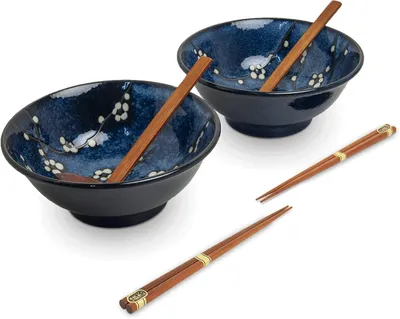 Image de Ensemble de bols à ramen, 21 cm, bleu, pour 2 personnes, idéal pour les soupes