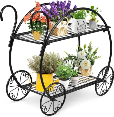Immagine prodotto di Scaffale per fiori a 2 ripiani, supporto per piante in metallo, supporto per fiori con rotelle decorative, scala per fiori autoportante, scala per piante per balcone, terrazza e giardino, 66 x 34 x 62,5 cm, nero