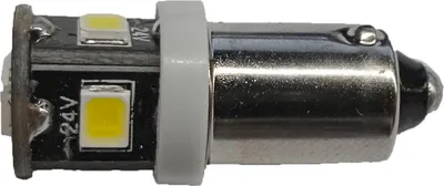 A close-up side view of a 24V LED bulb with a BA9S base.