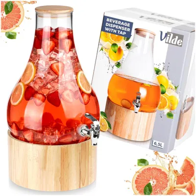 Image de Vilde | Distributeur de Boisson XXL 6,5 L avec Robinet et Support Bambou - En Verre - Couvercle en Bambou - Pour Limonade et Fête