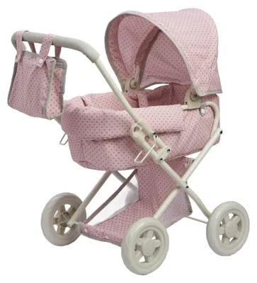 Produktbild von Olivia's little world Puppenwagen im Buggy-Stil mit Verdeck, Stauraum darunter, abnehmbarem Kinderbett und Reisetasche, Rosa/Grau