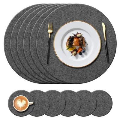 Image de Set de 6 sous-verres et sets de table noirs, imitation cuir, dimensions : 34 cm et 10 cm