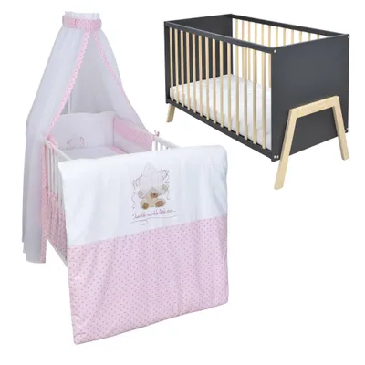 Produktbild von Babybett Kinderbett Gitterbett Juna 60x120 Anthrazit Schutzgitter Matratze Bettwäsche Set 10tlg  Twinkle Star Rosa