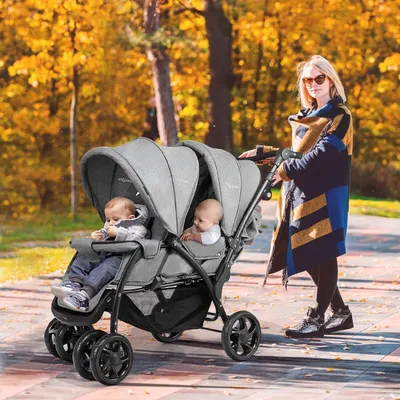 Produktbild von GOPLUS Geschwisterwagen Kinderbuggy Zwillingswagen, Klappbar, Buggy Zwilinge, Kinderwagen Babybuggy, Babywagen Grau, für Babys ab 6 Monate