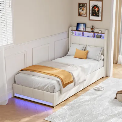 Immagine prodotto di ProximaX Letto imbottito beige 90×200 cm - Con illuminazione LED, connessione USB e Type-C e 4 cassetti sotto il letto - Pratico e confortevole