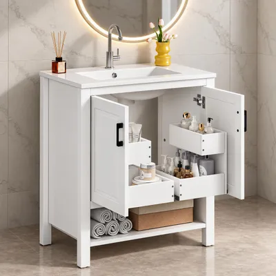 Produktbild von Waschtisch mit Unterschrank,Badmöbel Set mit Keramik Waschbecken,Stauraum,Offenen Ablagefächern und Türen,Soft-Close,Feuchtigkeitsbeständige,MDF,Weiß