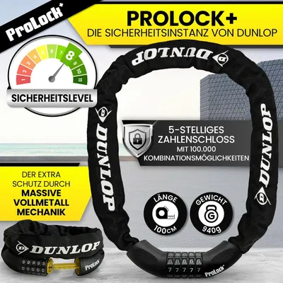 Produktbild von DUNLOP Fahrradschloss Zahlenschloss Fahrrad Schloss - Hohe Sicherheit Level 8 - 100 cm Fahrräder Schloß mit 5er Zahlencode - Kette für Fahrrad E Bike Scooter ebike Zahlen Fahrradschloß Pro Lock