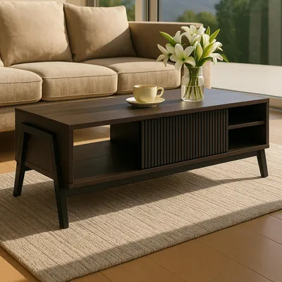 Zdjęcie produktu dla Stolik kawowy HWC-O40, stolik do salonu, stolik do sofy, schowki przesuwane drzwi MDF metal melamina 42x120x60cm ~ orzechowy wygląd