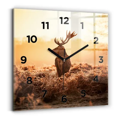 Produktbild von Wallfluent Wanduhr – Stilles Quarzuhrwerk - Uhr Dekoration Wohnzimmer Schlafzimmer Küche - Zifferblatt - schwarze Zeiger - 30x30 cm - Hirsche bei Sonnenaufgang