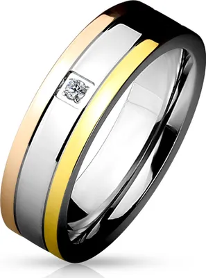 Produktbild von Edelstahl Herren Damen Ring Rosègold Silber "Triple" Ringe Band Zirkonia Rillen silber-gold-rosegold 52 - Ø 16,51 mm