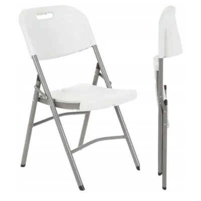 Two white folding chairs are shown against a white background. One chair is shown from the front and the other from the side in a folded position.