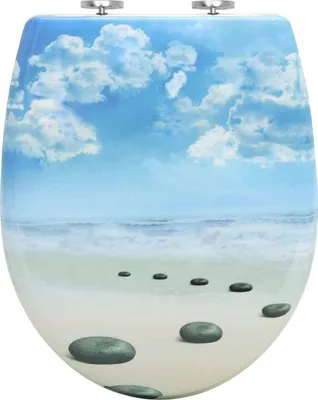 A toilet seat with a printed image of a beach scene.