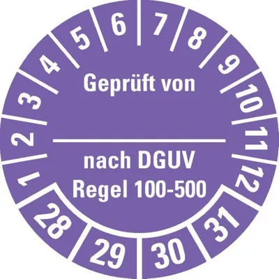 Produktbild von Dreifke® Prüfplakette Gepr.v...DGUV Regel 100-500 28-31, violett, Dokufolie, ...