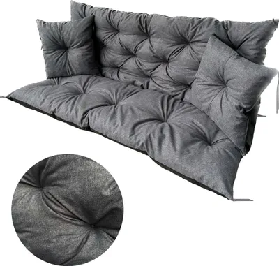 A grey tufted bench cushion set with two square pillows, presented against a white background.
