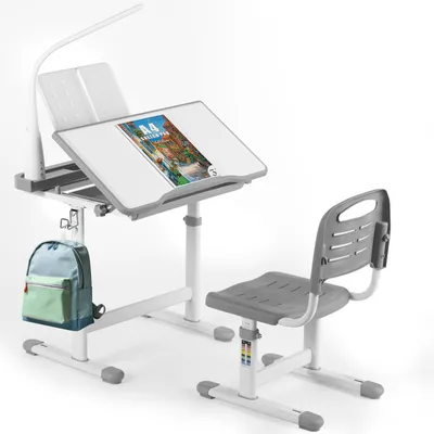 Productafbeelding van Clevich, verstelbaar bureau en stoelset, kinderbureau met lamp