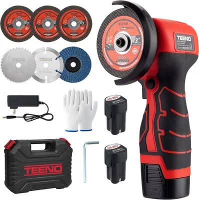 Image de Meuleuse d'Angle TEENO 19 500 RPM - Disqueuse Sans Fil 76mm, Kit Complet avec 2 Batteries 2000mAh et 6 Disques - Pour Meulage, Polissage, Découpe