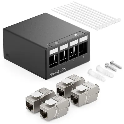 Immagine prodotto di Set di pannelli patch deleyCON, 4 porte, patch panel CAT6a STP, 1 unità di altezza - Nero - Dimensioni: 4 porte + 4 connettori RJ45