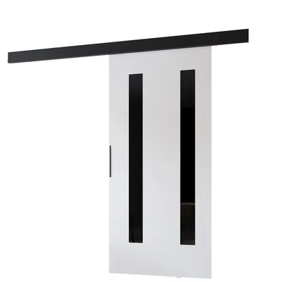 Produktbild von MINIO go for it, Schiebetür, „PRIM H“, Innentür, Türen, mit schwarzem Glas, schwarzer Griff, 96 cm, Weiß / Schwarze Farbe