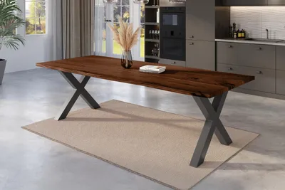 Produktbild von Esstisch Baumkante 280 x 100 cm Akazie nussbaum massiv X-Gestell schwarz NICK