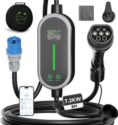 Productafbeelding van Laadkabel Elektrische Auto 7 kW - 8 Meter Kabellengte - Type 2 Stekker - Mobiele Wallbox - 1 Fase Oplader