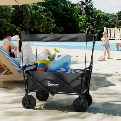 Produktbild von Bollerwagen mit Dach, klappbar, Transportwagen mit Sonnenschutz, Stahlrahmen, Schwarz | 97x52x105 cm | 110 L | bis 100 kg