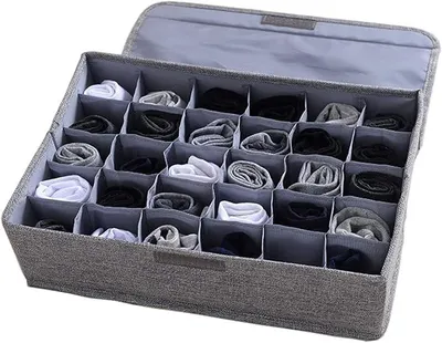 Produktbild von PolkaHome® Aufbewahrungsbox mit Deckel, 24 Fächer, faltbar, Kleiderorganizer für Socken, Unterwäsche, Krawatten, Schals – Grau