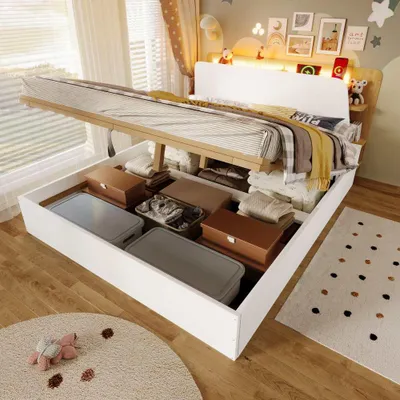 Produktbild von Paneelbett mit LED & USB-C, Hydraulische Hebefunktion, App-Steuerung, Stauraum, Ohne Matratze, Multifunktional, 140x200 cm，Weiß+ Natur