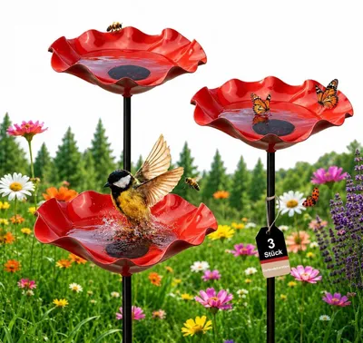 Immagine prodotto di Set di 3 elementi: abbeveratoio per uccelli e abbeveratoio per api, realizzati in metallo resistente agli agenti atmosferici, con picchetto da giardino, colore rosso