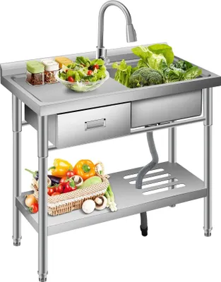 Produktbild von Freistehendes Spülbecken - Gewerbliche Einzelspüle 304 Edelstahl - Mit Kalt-/Warmwasserhahn - Arbeitsfläche - Schublade links
