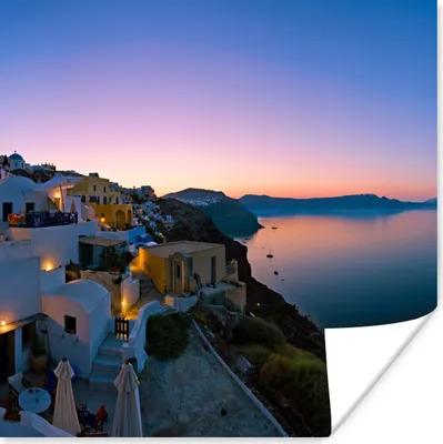 Produktbild von MuchoWow® Poster Fischerdorf Oia bei Santorini Griechenland mit Sonnenaufgang 50x50 cm - Wohnzimmerdekoration