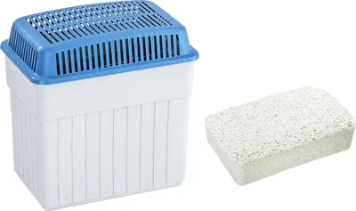 A dehumidifier container with a blue lid and a separate block of desiccant material are shown against a white background.