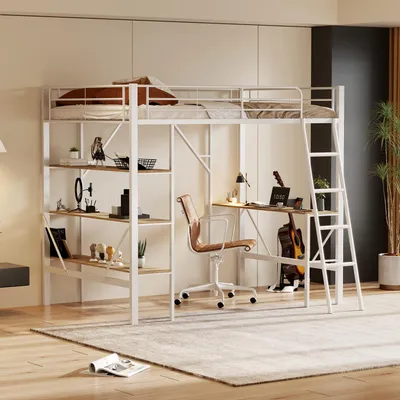 A loft bed with a desk and shelves underneath, set up in a room.
