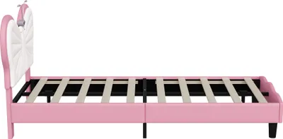 Zdjęcie produktu dla Łóżko dziecięce tapicerowane 90x200cm, rama łóżka pojedynczego z lampką LED do czytania, regulowane wezgłowie, łóżko młodzieżowe dla chłopców i dziewczynek, aksamitne, bez materaca, różowe