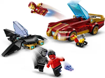Produktbild von LEGO Marvel Iron Man Auto und Black Panther vs. Red Hulk - Superhelden Spielzeug mit 3 Minifiguren - Inkl. Flugzeug mit Shootern und Dum-E Figur - Geschenkidee für Jungen und Mädchen ab 7 Jahren 76310