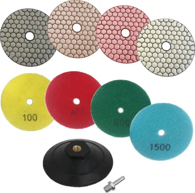 Produktbild von Trade-Shop SET (10-teilig): Ø100mm Diamant Schleifscheiben - BUFF, #50, #100, #200, #400, #800, #1500, #3000 / inkl. Aufnahmeteller + M14 Spanndorn