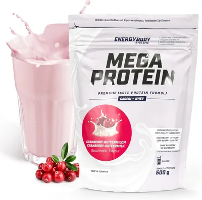 Produktbild von Energybody Mega Protein "Cranberry-Buttermilch", Proteinpulver mit Whey und Casein, Eiweißpulver, 500 g Beutel