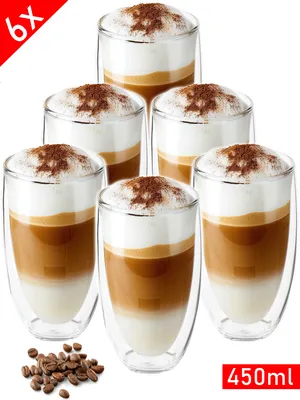 Produktbild von 6x Latte Macchiato Gläser doppelwandig 450ml Cappuccino Tassen - aus Borosilikatglas - Spülmaschinenfeste Teegläser Kaffeetassen Set - Thermogläser