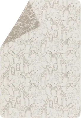 A flat lay image of a baby blanket with a safari animal pattern.