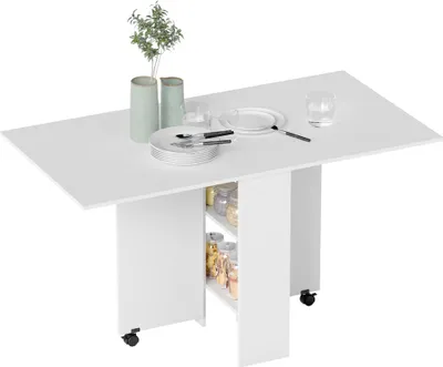 Image de HOMCOM Table pliante de cuisine salle à manger amovible sur roulettes 75L x 140l x 74H cm 2 étagères intégrées en bois coloris blanc