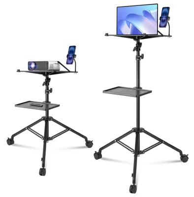 Immagine prodotto di VEVOR supporto per proiettore con ruote Treppiede per laptop, regolabile in altezza da 795 a 1710 mm, supporto per proiettore con 2 ripiani e supporto per telefono a collo d'oca,