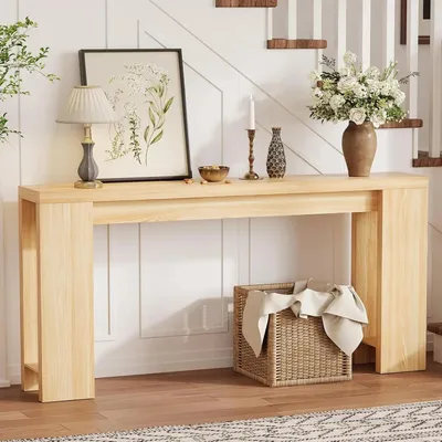 Image de Console rustique en bois - Table d'appoint pour canapé et couloir - 180 cm de long et étroite - Avec étagère inférieure - Idéale pour l'entrée et le salon - En chêne