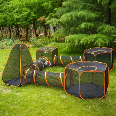 Immagine prodotto di Rifugio pieghevole per gatti - Trasportino portatile per gatti - Tenda a rete con tre tunnel - Funzione 7-in-1 - Rifugio per animali domestici - Confortevole e di alta qualità