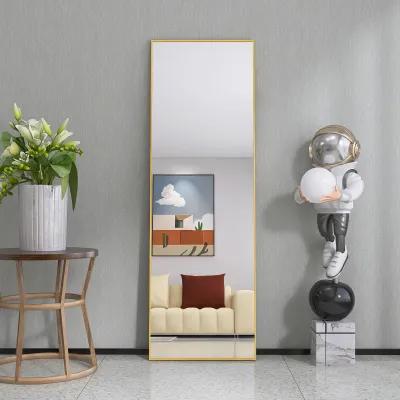 Obrázek produktu pro Stojící zrcadlo Fortuna Lai 162x53 cm, obdélníkové zrcadlo po celé délce se zlatým kovovým rámem, HD zrcadlo do šatny nebo obývacího pokoje