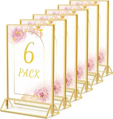 Produktbild von 6 Stück Tischaufsteller A5 in Gold, Acryl Bilderrahmen T-Form, doppelseitig klar, Werbeaufsteller für Hochzeit, Party & Events, 11×8,5"