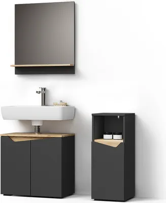 A modern bathroom vanity set with a sink, mirror, and storage cabinets against a white background.