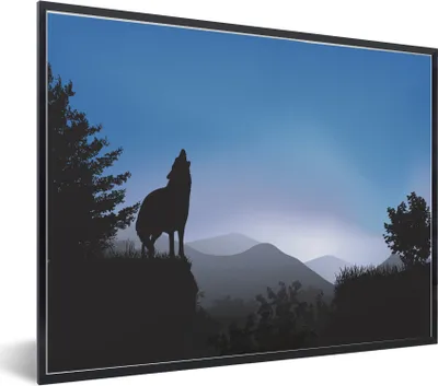 Produktbild von MuchoWow® Gerahmtes Poster Wolf - Bäume - Scherenschnitt 40x30 cm - Poster mit Schwarzem Bilderrahmen Wandposter Rahmen Foto Bilder - Kunstposter - Wanddekorationen