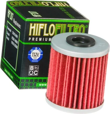 A Hiflofiltro oil filter and its packaging are shown against a white background.