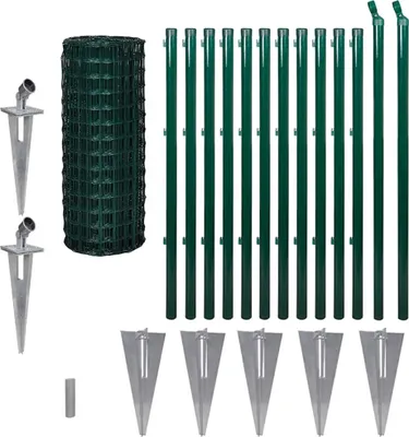 A collection of fencing components laid out on a white background.