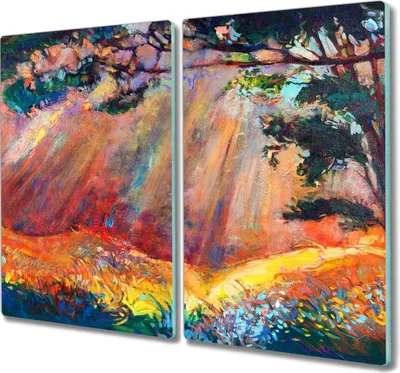 Produktbild von Coloray Kochplattenabdeckung Herdabdeckplatte 2x30x52 cm Hackbrett Schneidebrett Küchenbrett - Baum Blumen Natur