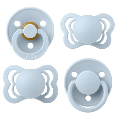 Produktbild von BIBS Schnuller 4er-Pack, Try it starter pack, BPA-frei, Kirschform, Symmetrische und Kiefergerechte Sauger. Naturkautschuk / Silikon, Hergestellt in Dänemark. 0+ Monate (4er Pack), Baby Blue